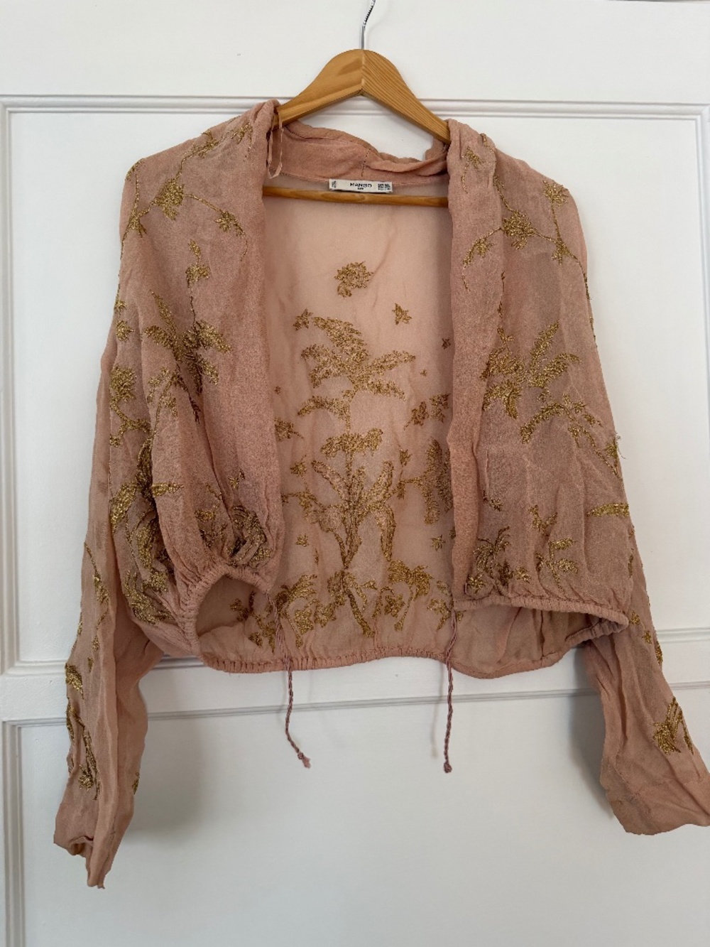 Mango Blush Pink Sheer Embroidered Shrug with Gold Accents